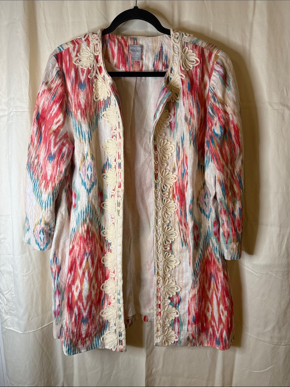 Chico's Multicolor Ikat Open-Front Cardigan with Lace Trim